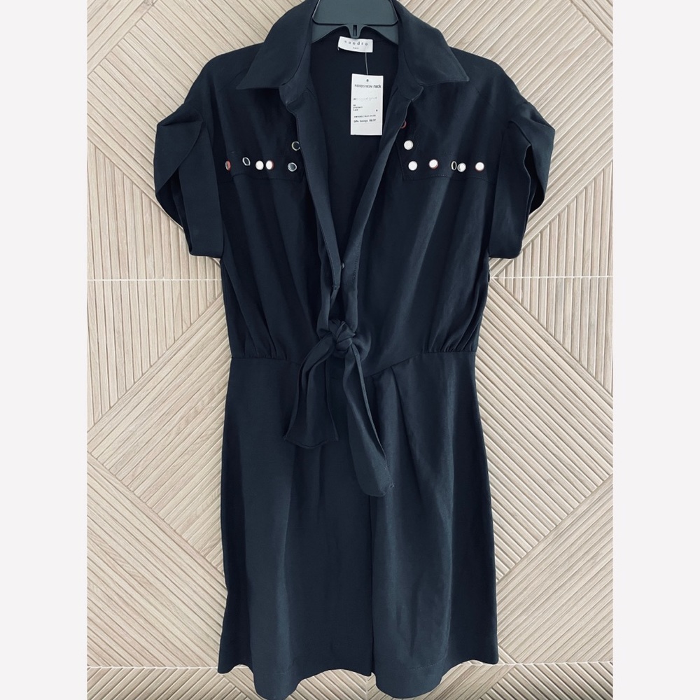 SANDRO Paris Mabel Linen blend Embellished Black dress, 6